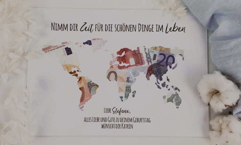 Regalo de cumpleaños personalizado mapa mundial // regalo de dinero Tómate tu tiempo Schwarz -ohne Rahmen