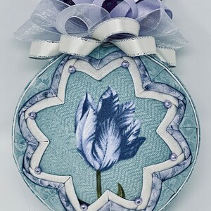 DiY KIT QK-173 Tulips in Bloom - Purple & Teal, Ornament Kit folded fabri 2 fussy cut tulip designs polystyrene ball, 9cm or 10cm