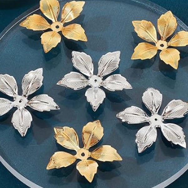 Large Leaf Bead caps - 46mm diameter,  w/2mm hole, 5/pack, alloy flower antique style, available in gold (BCGF465) or silver (BCSF465)