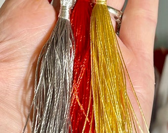 Silky Soft Tassels - 2 Silver, 2 Lt. Gold, 1 Red 5/pack, ornament embellishment, 4.5-5" long, can be trimmed to shorten