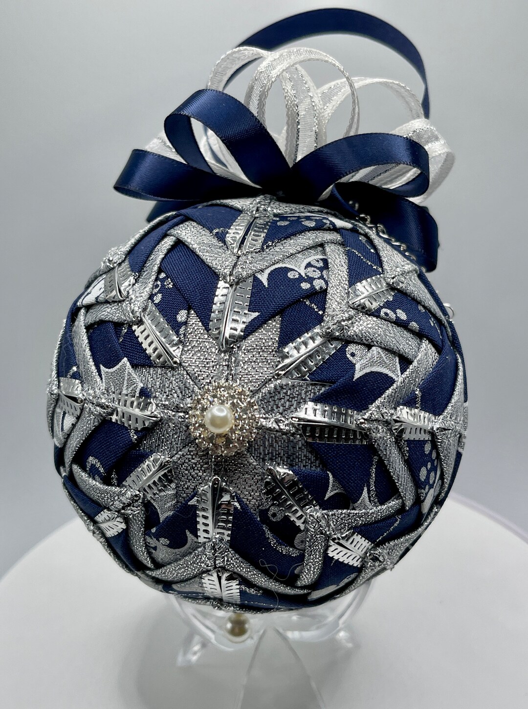 Diy KIT QK155 Crystal Blue Holly Navy & Silver Folded Ribbon Ornament