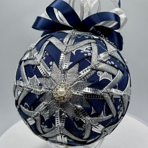 DiY KIT QK-155 Crystal Blue Holly Navy & Silver Folded Ribbon ornament kit,4"  Glistening ornament for Christmas  (10 cm ball)