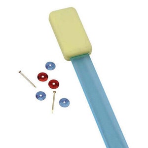 May include: A blue and yellow tool with a sponge on the end and five small, colorful sequins. Two of the sequins are red, and three are blue.
