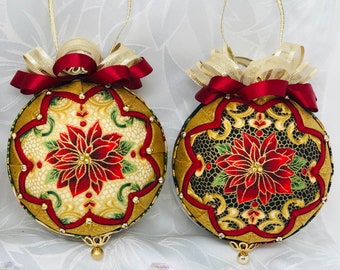 DiY KIT QK-32 Victorian Poinsettia Quilted Ornament kit - 3 1/2" - choose from 2 designs available, Cream or Black Ground, (9cm ball)
