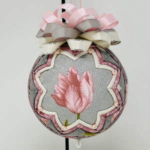 QK-174 Tulips in Bloom - Pink & Gray Ornament Kit, folded fabric, 2 fussy cut tulip designs, polystyrene ball, choice between 9cm or 10cm