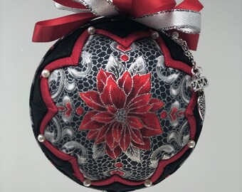 QK-39 Black/Silver Victorian Poinsettia Quilted Ornament kit - 3.5"    (9cm ball)