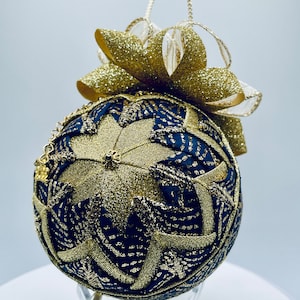 DiY KIT QK-154 &#39;Cascade&#39; Navy & Glitter Gold Ribbon Quilted Star Ornament Kit, 3.5&quot;  Foam core, Christmas Bauble  (9cm ball)
