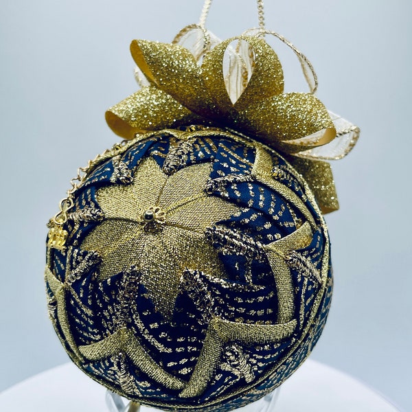 DiY KIT QK-154 'Cascade' Navy & Glitter Gold Ribbon Quilted Star Ornament Kit, 3.5"  Foam core, Christmas Bauble  (9cm ball)