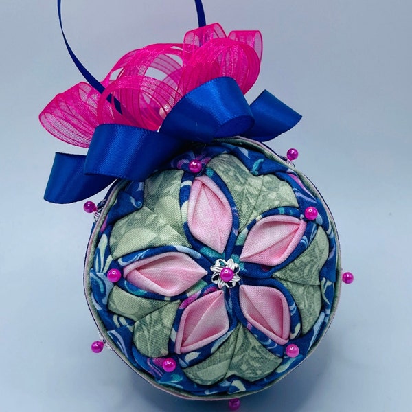 DiY KIT QK-112 Pink Starflower Quilted Ornament Kit, 3" (8cm) Round Ball, eps polystyrene