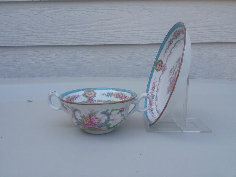 Royal Cauldon Souvenir Aqua Pattern Dessert Bowl and Saucer