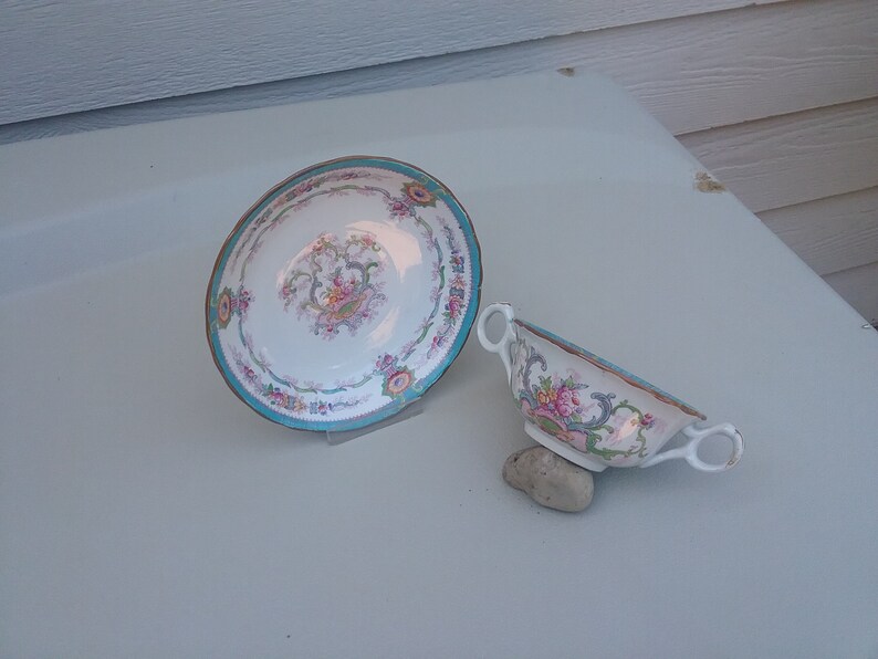 Royal Cauldon Souvenir Aqua Pattern Dessert Bowl and Saucer