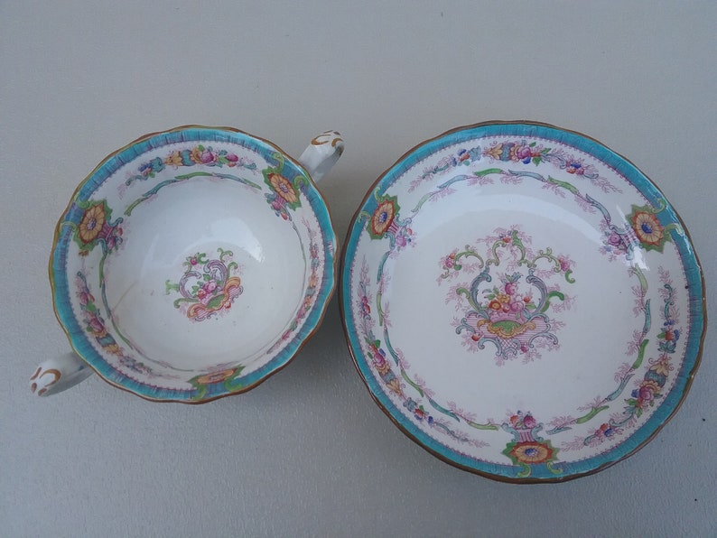 Royal Cauldon Souvenir Aqua Pattern Dessert Bowl and Saucer