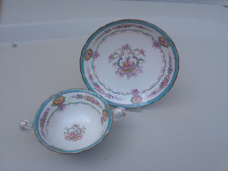 Royal Cauldon Souvenir Aqua Pattern Dessert Bowl and Saucer