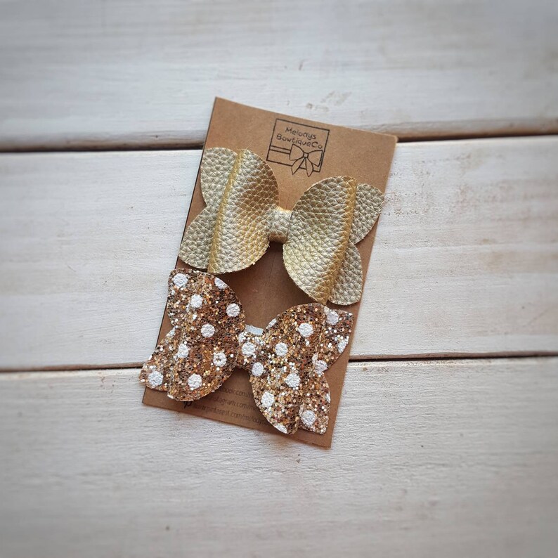 Gift for Girls Gold Polka Dot Hair Bows Glitter Faux Leather Toddler Hair Clips