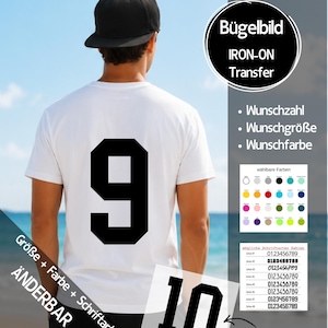 Könnte beinhalten: Ein weißes T-Shirt mit einer großen schwarzen Nummer 9 auf dem Rücken. Das Bild zeigt auch eine schwarze Nummer 10, Farbfelder und den Text "IRON-ON Transfer". Der Text "Größe + Farbe + Schriftart ÄNDERBAR" ist ebenfalls sichtbar.