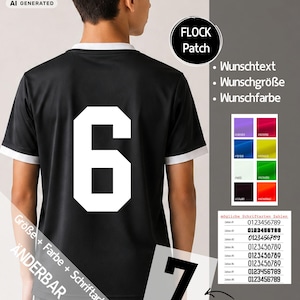 Könnte beinhalten: Ein schwarzes Trikot mit einer weißen Nummer 6 auf dem Rücken und weißen Abschlüssen an Ärmeln und Kragen. Das Bild enthält einen Flock-Patch, eine Farbkarte mit acht Optionen und eine Liste von acht Schriftarten für Zahlen auf Transferfolie.