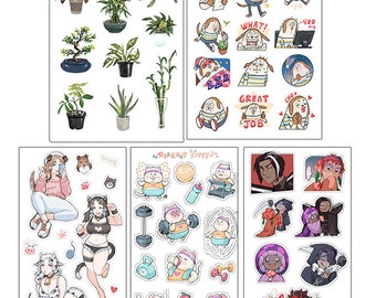 May include: A collection of sticker sheets featuring various designs. One sheet showcases potted plants, another has cartoon dogs with speech bubbles, and others display anime-style characters and workout-themed cats.