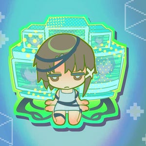 May include: A digital illustration of a cartoon character with brown hair and a white flower hair accessory. The character is wearing a light blue dress and is surrounded by a stack of glowing computer monitors. The background is a gradient of blue and green.