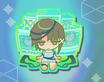 May include: A digital illustration of a cartoon character with brown hair and a white flower hair accessory. The character is wearing a light blue dress and is surrounded by a stack of glowing computer monitors. The background is a gradient of blue and green.