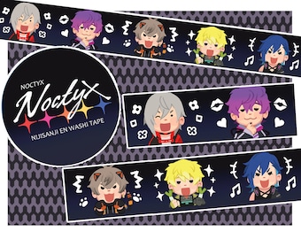 Puede incluir: Un conjunto de cinta washi colorida con personajes de anime del grupo "Noctyx". La cinta está decorada con estrellas, corazones, flores y notas musicales. El texto "Noctyx" y "Nijisanji EN Washi Tape" está impreso en la cinta.