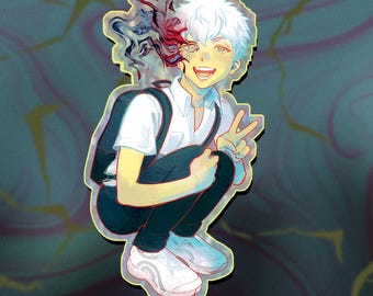 May include: A sticker featuring a smiling anime-style character with white hair, wearing a white shirt, black pants, and white sneakers. The character is making a peace sign. The background is a swirling pattern of teal, yellow, and pink.