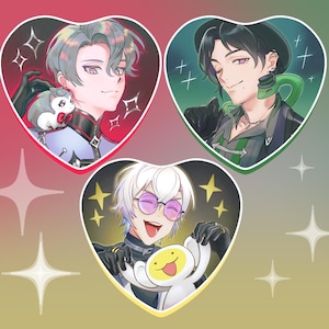 May include: Three heart-shaped illustrations featuring anime-style characters. One has gray hair and a small animal, another has black hair and a snake, and the third has white hair and round glasses, holding a cartoon character. Each is set against a gradient background.