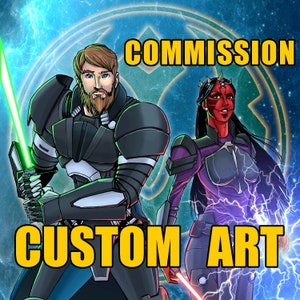Puede incluir: Ilustración digital con dos personajes con sables de luz. Un hombre con barba sostiene un sable de luz verde, y una mujer con piel roja sostiene un sable de luz rojo. Las palabras "COMMISSION" y "CUSTOM ART" se muestran en amarillo.
