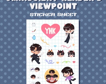 May include: Sticker sheet with a variety of illustrations, including a heart with the text "YHK", a character with black hair and a white coat, and several other characters with different expressions. The sheet is on a white background with a grid pattern.