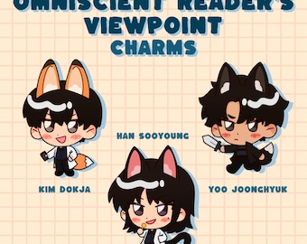 May include: Three cartoon character charms with different animal ears. The first charm is a fox with black hair and a white lab coat. The second charm is a black cat with black hair and a white lab coat. The third charm is a black wolf with black hair and a black jacket. The text "Omniscient Reader's Viewpoint Charms" is at the top of the image. The text "Kim Dokja", "Han Sooyoung", and "Yoo Joonghyuk" are below each charm.