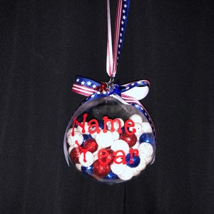 Personalized patriotic Christmas tree ornament bulb name year red white blue military America americana