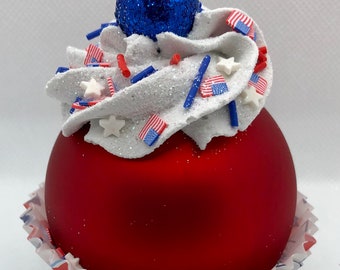 Patriotic matte fake cupcake Christmas bulb tree ornament with stars and flags sprinkles