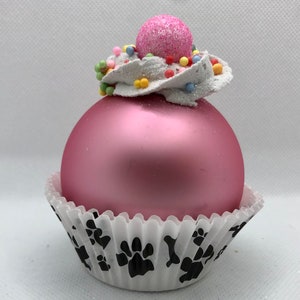 Light Pink shiny OR matte Cupcake ornament with paw and bone cupcake liner for dog, cat or animal lover