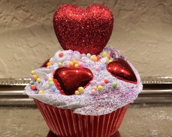 Valentine I love you standard faux fake cupcake with metal hearts beads and glitter