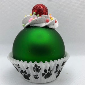 Green shiny or matte Cupcake ornament with paw and bone cupcake liner for dog, cat or animal lover gift