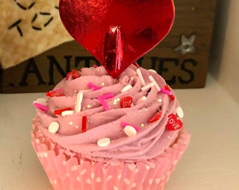 Valentine fake cupcake with foil heart and polka dot cupcake liner.