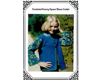 PDF Vintage Crochet Boho Granny Square Sleeve Jacket - Under arms measure about 34" - Digital Download