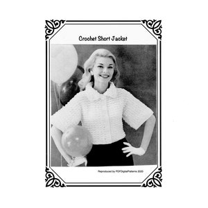 May include: Black and white image of a woman wearing a white crochet short jacket. The jacket has a textured pattern and short sleeves. The text "Crochet Short Jacket" is at the top of the image. The woman is holding balloons.