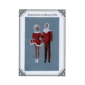 May include: Image of Barbie and Ken ice skating outfits. Barbie wears a red dress with white trim and white boots. Ken wears a red sweater with a white hood and brown pants. The text "Barbie & Ken Ice Skating Outfits" is at the top.