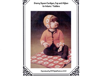 PDF Vintage Crochet Pattern for Infant / Toddler Granny Square Cardigan, Cap and Afghan - Digital Download