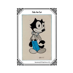 May include: A vintage-style illustration of Felix the Cat, a black cat character with large eyes, wearing a light blue jacket, blue pants, and a bow tie. The image is framed with a decorative border and includes the text "Felix the Cat."