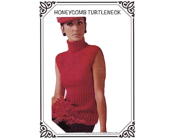 PDF 1970's Knit - Knitted Honeycomb Sleeveless Turtleneck -  Sizes S-M-L - Knitting patterns - Digital Download