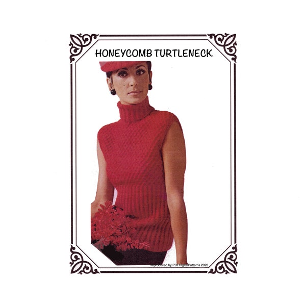 PDF 1970's Knit - Knitted Honeycomb Sleeveless Turtleneck -  Sizes S-M-L - Knitting patterns - Digital Download