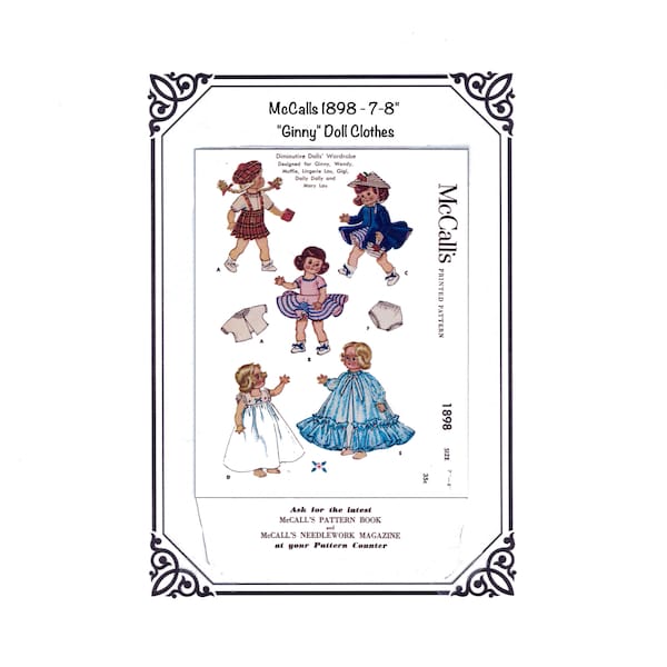 PDF 8 1/2" x 11" McCalls 1898 - 7-8" Dolls Wardrobe for Ginny, Wendy, Muffie, Lingerie Lou, Gig, Daisy Dolly and Mary Lou - Digital Download