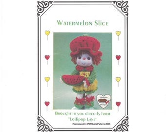 PDF Vintage Crochet 14" Lollipop Lane Doll -  Watermelon Slice Pattern - Dumplin Designs - Digital Download