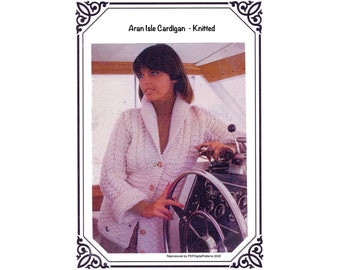 PDF 1970's Knit - Knitted Aran Isle Cardigan - Misses Sizes 8-10, 12-14 and 16-18 - Large open collar - Knitting patterns - Digital Download