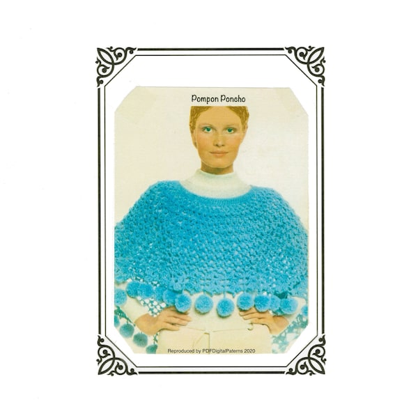 PDF 1970's Vintage Crochet Pompon Poncho - Crocheted poncho - Digital Download