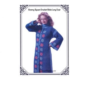 May include: A blue Granny Square Crochet Boho Long Coat. The long coat features a button-up front and bell sleeves. The coat has a high collar and is decorated with colorful square patterns in pink, blue, and green.
