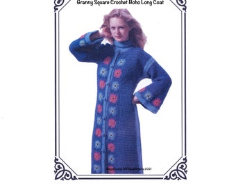 PDF Vintage Crochet Boho Long Jacket with Granny Squares - Digital Download
