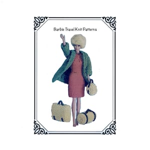 May include: A doll wearing a knitted coral dress and green coat, with a blonde bouffant hairstyle. The doll is holding a small purse and standing next to three knitted travel bags. The image is framed with the text "Barbie Travel Knit Patterns".