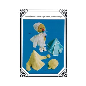 May include: An image showcasing knitted baby clothing sets. The sets include a yellow cardigan, bonnet, and booties, along with a blue cardigan and a white jacket with a bonnet. The text reads "Infants knitted Jackets, caps, bonnet, booties, cardigan."